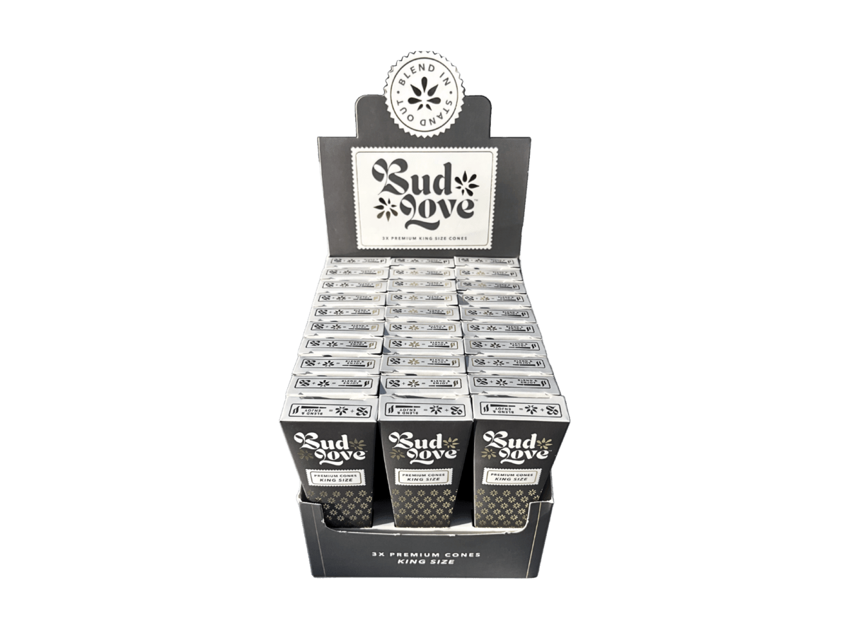 Bud Love Makes Bud Better! King Size premium slow burning rice paper pre-roll cones - Bulk Display Box. The perfect companion to your favorite Bud Love + flower mixture!